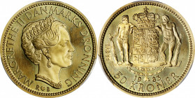 DENMARK. Aluminum-Bronze 50 Kroner Prove (Pattern), 1983-RB. Copenhagen Mint. Margrethe II. PCGS SPECIMEN-66.

KM-Pr24 (Type III alloy; stamped to r...