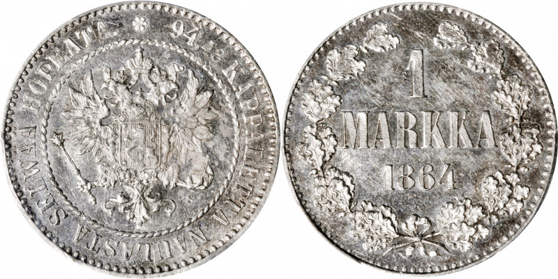 FINLAND. Markka, 1864-S. Helsinki Mint. Alexander II. PCGS MS-63 Prooflike.

K...