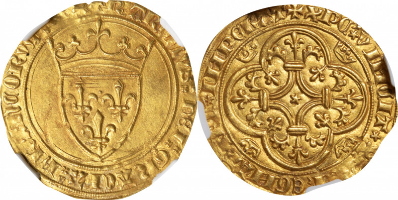 FRANCE. Ecu d'Or, ND (1380-1422). Saint-Pourcain Mint. Charles VI. NGC MS-63.
...