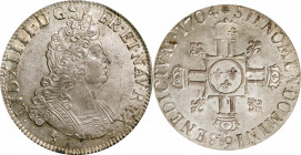 FRANCE. Ecu, 1704-(9). Rennes Mint. Louis XIV. PCGS AU-58.

Dav-1320; KM-360.24; Gad-224. Flan réformé. Struck over an earlier issue, this delightfu...