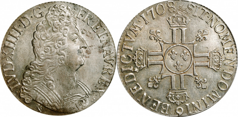 FRANCE. Ecu, 1708-(9). Rennes Mint. Louis XIV. PCGS AU-58.

KM-360.24; Gad-224...