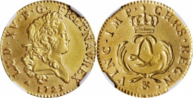 FRANCE. Louis d'Or, 1723-&. Aix Mint. Louis XV. NGC Unc Details--Salt Water Damage.

Fr-459; KM-468.21; Gad-338. A boldly struck gold issue, this ex...