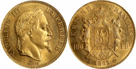 FRANCE. 100 Francs, 1862-A. Paris Mint. Napoleon III. PCGS MS-63.

Fr-580; KM-802.1; Gad-1136; F-551. Mintage: 6,650. A trivial light contact marks ...