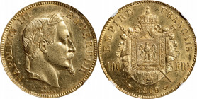 FRANCE. 100 Francs, 1869-BB. Strasbourg Mint. Napoleon III. NGC MS-61.

Fr-581; KM-802.2. This lustrous example of a generously-sized gold issue ret...