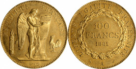 FRANCE. 100 Francs, 1881-A. Paris Mint. PCGS MS-63.

Fr-590; KM-832; Gad-1137. A beautiful product of the Third Republic, this example prominently d...