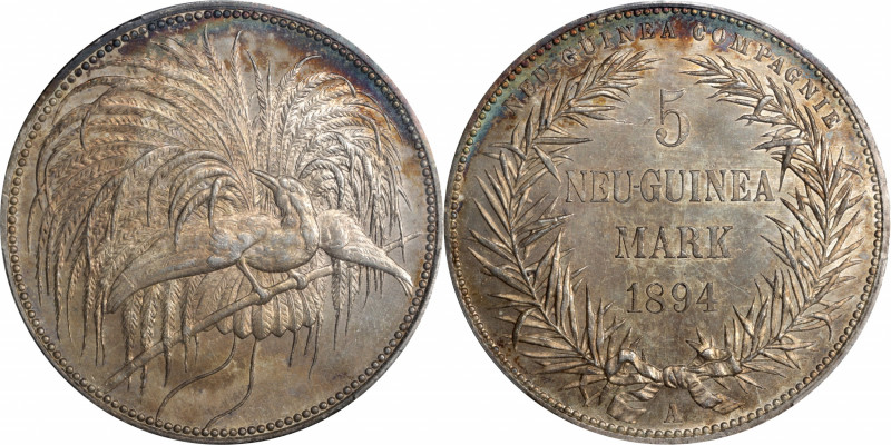 GERMAN NEW GUINEA. 5 Mark, 1894-A. Berlin Mint. Wilhelm II. PCGS MS-62.

KM-7;...