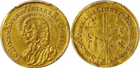 GERMANY. Bavaria (likely). Gold Baptismal Ducat, ND (ca. 18th Century). PCGS AU-55.

GPH-1072. Weight: 3.50 gms. Obverse: Bust of Christ, left, IN E...