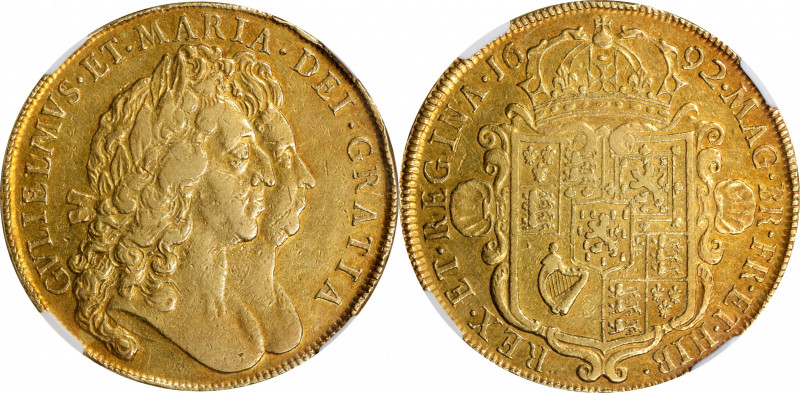 GREAT BRITAIN. 5 Guineas, 1692 Year QVARTO. London Mint. William III & Mary II. ...