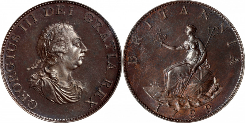 GREAT BRITAIN. Bronzed 1/2 Penny Pattern, 1799. Soho (Birmingham) Mint. George I...