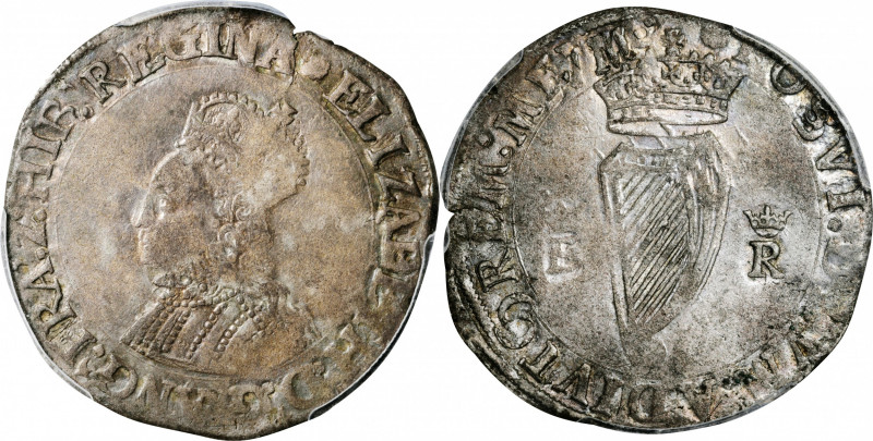 IRELAND. Shilling, ND (1558). London Mint; mm: Rose. Elizabeth I. PCGS EF-40.
...