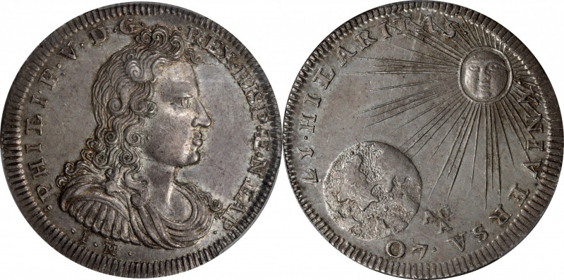 ITALY. Naples. 1/2 Ducato, 1707-IM AGA. Filippo V. PCGS MS-62.

KM-127; F-310....