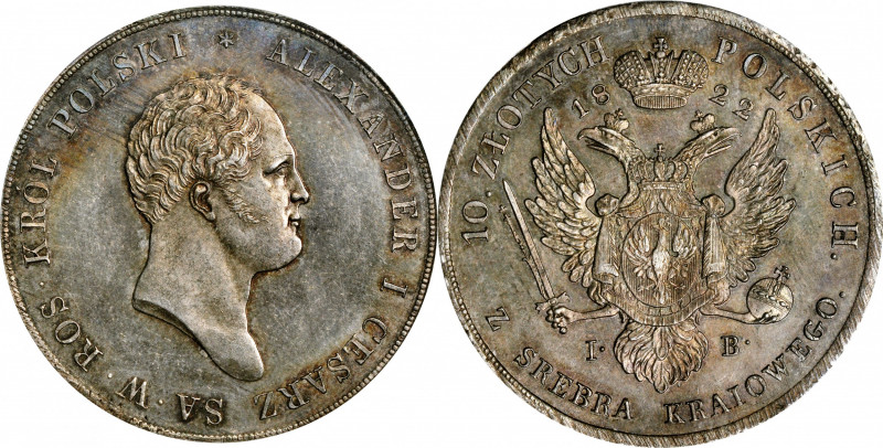 POLAND. 10 Zlotych, 1822-IB. Warsaw Mint. Alexander I. PCGS MS-62.

Dav-248; K...