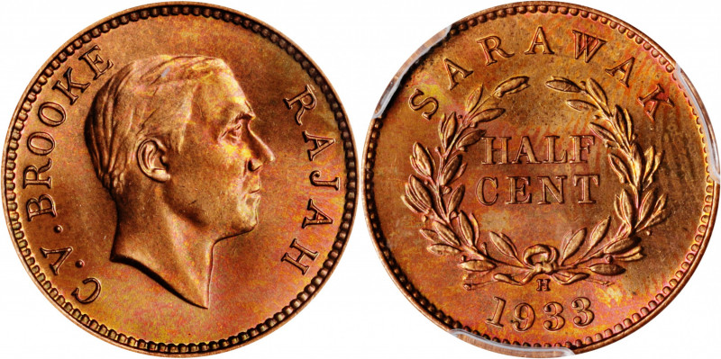 SARAWAK. 1/2 Cent, 1933-H. Heaton Mint. Charles Brooke. PCGS SPECIMEN-66 Red.
...