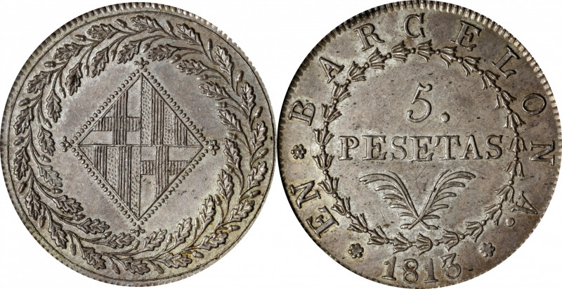 SPAIN. Barcelona. 5 Pesetas, 1813. Joseph Napoleon. PCGS MS-63+.

KM-69; Cal-5...