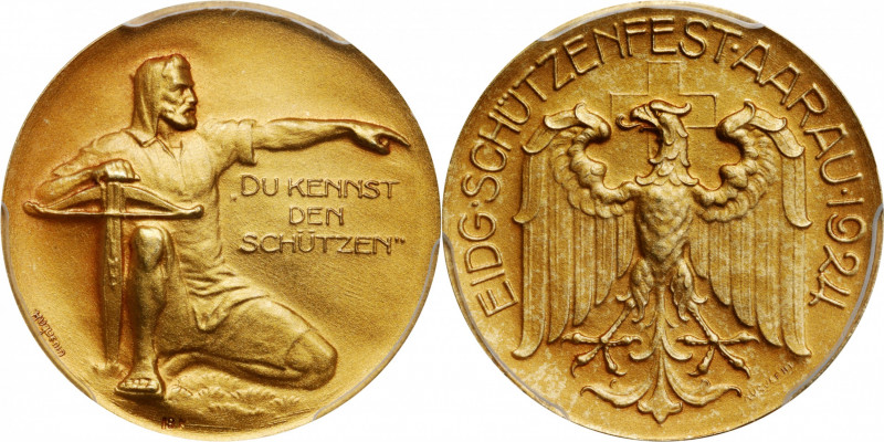 SWITZERLAND. Aargau Shooting Festival Matte Gold Medal, 1924. PCGS SPECIMEN-68....