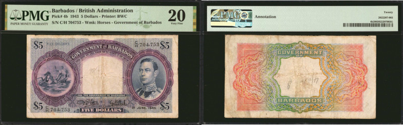 BARBADOS. Government of Barbados. 5 Dollars, 1943. P-4b. PMG Very Fine 20.

Pr...