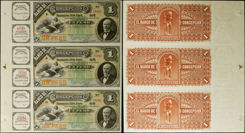 CHILE. El Banco de Concepcion. 1 Peso, 1885. P-S176r. Remainders. Uncut Sheet of...