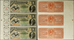 CHILE. El Banco de Concepcion. 1 Peso, 1885. P-S176r. Remainders. Uncut Sheet of (3). About Uncirculated.

Printed by ABNC. An uncut trio of 1 Peso ...