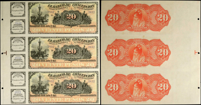 CHILE. El Banco de Concepcion. 20 Pesos, 1883. P-S180r. Remainders. Uncut Sheet ...