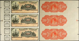 CHILE. El Banco de Concepcion. 20 Pesos, 1883. P-S180r. Remainders. Uncut Sheet of (3). About Uncirculated.

Printed by ABNC. An uncut trio of 20 Pe...