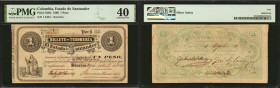COLOMBIA. El Estado de Santander. 1 Peso, 1880. P-S204. PMG Extremely Fine 40.

Socorro. An elusive Estado de Santander 1 Peso note from the 1880 se...