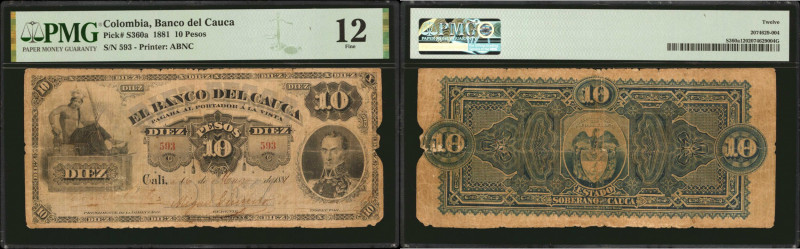 COLOMBIA. El Banco del Cauca. 10 Pesos, 1881. P-S360a. PMG Fine 12.

Printed b...