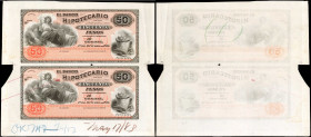 COLOMBIA. Uncut Pair of (2). El Banco Hipotecario. 50-50 Pesos, 1881. P-S514p. Proof Sheet. Extremely Fine.

An elusive pairing of uncut proofs from...