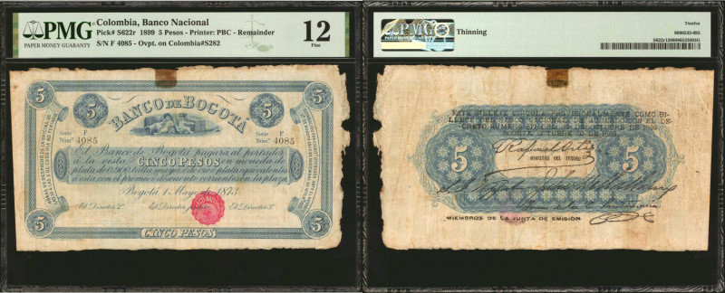COLOMBIA. Banco Nacional. 5 Pesos, 1899. P-S622. PMG Fine 12.

Overprint on Co...