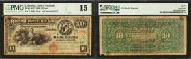COLOMBIA. Banco Nacional. 10 Pesos, 1899. P-S637. PMG Choice Fine 15.

Overprint on Colombia P-S512 Banco Hipotecario. A trio of horse heads are see...