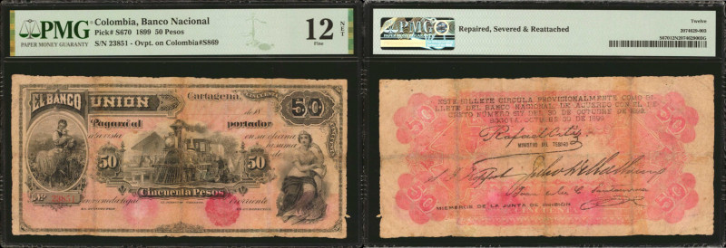 COLOMBIA. Banco Nacional. 50 Pesos, 1899. P-S670. PMG Fine 12 Net. Repaired, Sev...