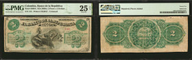 COLOMBIA. El Banco de la Republica. 2 Pesos, ND (1880s). P-S808A. PMG Very Fine 25 Net. Repaired, Pieces Added.

Printed by HLBNC. Unissued. Allegor...