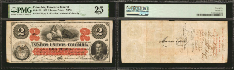 COLOMBIA. Tesoreria Jeneral de los Estados Unidos de Colombia. 2 Pesos, 1863. P-...