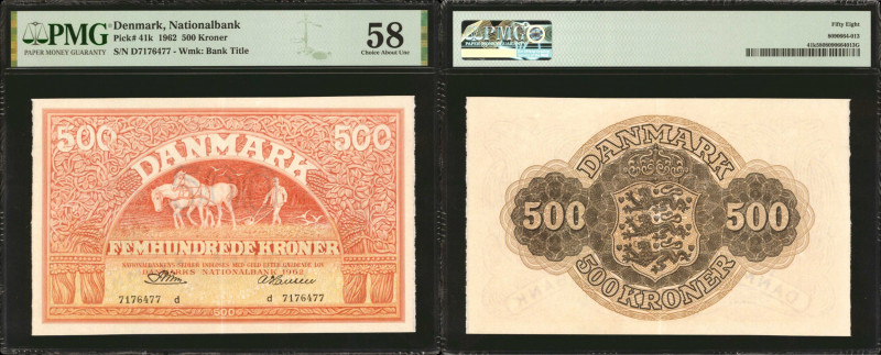 DENMARK. Nationalbank. 500 Kroner, 1962. P-41k. PMG Choice About Uncirculated 58...