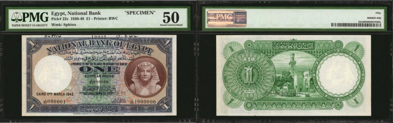 EGYPT. National Bank of Egypt. 1 Pound, 1930-48. P-22s. Specimen. PMG About Unci...