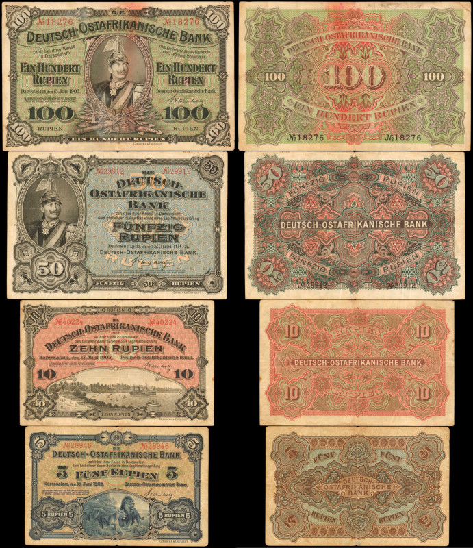 GERMAN EAST AFRICA. Lot of (4). Deutsch-Ostafrikanische Bank. 5, 10, 50 & 100 Ru...