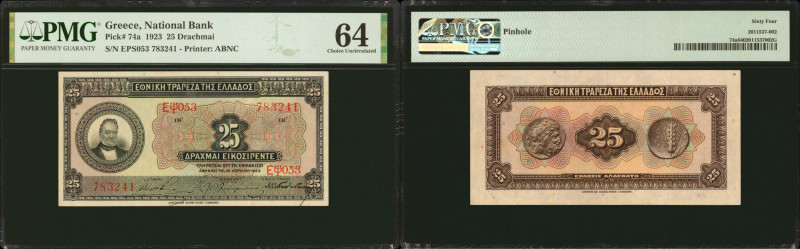 GREECE. Trapeza tis Ellados. 25 Drachmai, 1923. P-74a. PMG Choice Uncirculated 6...