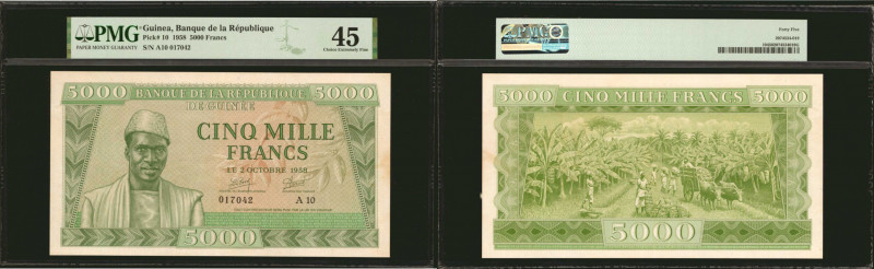 GUINEA. Banque de la Republique de Guinee. 5000 Francs, 1958. P-10. PMG Choice E...