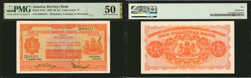 JAMAICA. Barclays Bank D.C.O.. 5 Pounds, 1937-40. P-S147. PMG About Uncirculated...