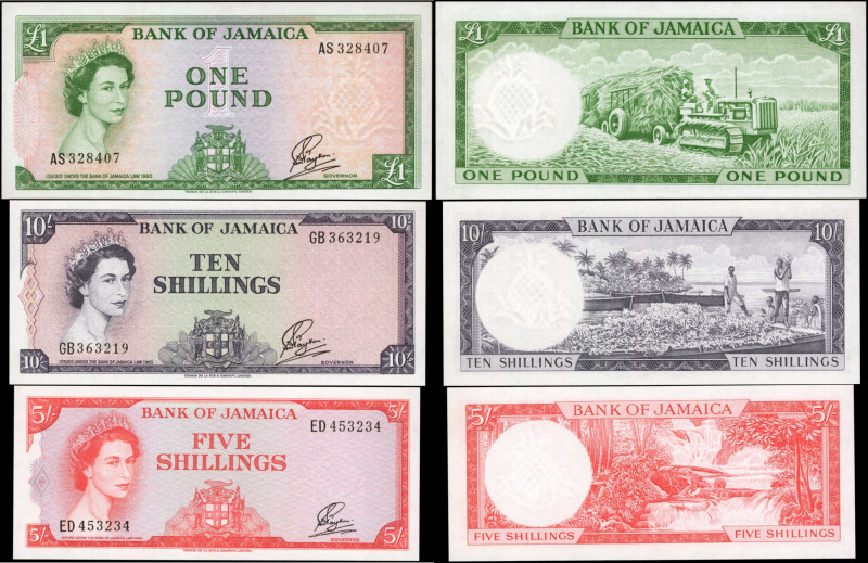 JAMAICA. Lot of (3). Bank of Jamaica. 5 & 10 Shillings & 1 Pound, 1960. P-49, 50...