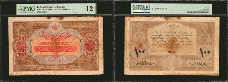 TURKEY. Ministry of Finance. 100 Livres, ND (1917). P-106. PMG Fine 12 Net. Tape...