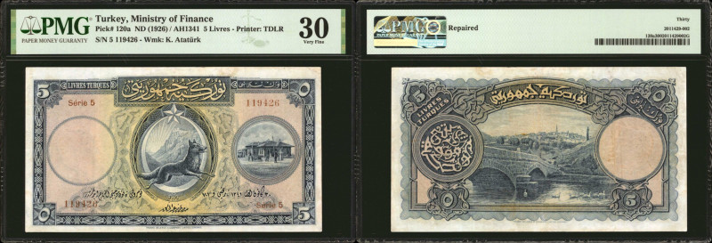 TURKEY. Ministry of Finance. 5 Livres, ND (1926). P-120a. PMG Very Fine 30.

P...