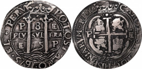 BOLIVIA. "Royal" Presentation Cob 8 Reales, 1675-P E. Potosi Mint, Assayer Antonia de Ergueta (E). Charles II. NGC VF Details--Plugged.

KM-R26; Laz...