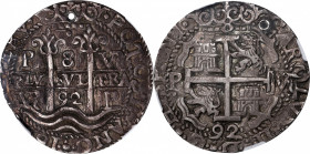 BOLIVIA. "Royal" Presentation Cob 8 Reales, 1692-P VR. Potosi Mint, Assayer Pedro de Villar (VR). Charles II. NGC AU Details--Holed.

KM-R26; Lazaro...