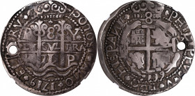 BOLIVIA. "Royal" Presentation Cob 8 Reales, 1719-P Y. Potosi Mint, Assayer Diego de Ybarbouro (Y). Philip V. NGC VF Details--Holed.

KM-R31; Lazaro-...