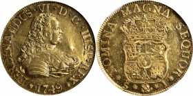 CHILE. 4 Escudos, 1749-So J. Santiago Mint. Ferdinand VI. NGC MS-62.

Fr-6; KM-2. First year of issue. This handsome example boast a strong central ...