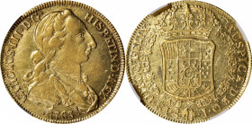 CHILE. 4 Escudos, 1763-So J. Santiago Mint. Charles III. NGC AU-53.

Fr-12; KM-23. First year of issue for the distinctive three-year "Rat Nose" typ...
