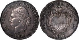 ECUADOR. Silver 4 Reales Pattern, 1862. Quito Mint. NGC PROOF-55.

KM-Pn7; Seppa/Anderson-ECP361; cf. Carr-61. Commonly referred to as the "Barre" h...