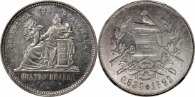 GUATEMALA. 4 Reales, 1892. Guatemala Mint. NGC MS-63.

KM-160; Prober-Pl. IX # 31-X. Reported Mintage: 2,600. Struck in 0.835 fine silver. The singl...