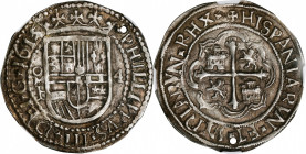 MEXICO. "Royal" Presentation Cob 4 Reales, 1615/3-Mo F. Mexico City Mint, Assayer F. Philip III. NGC EF Details--Holed.

cf. KM-R37.1 (for basic typ...