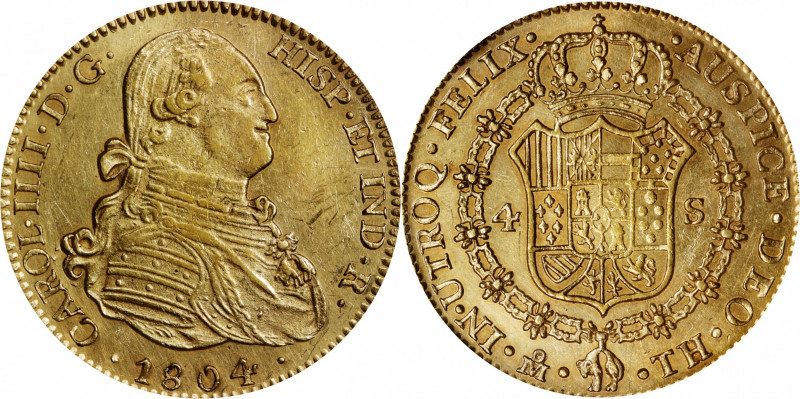 MEXICO. 4 Escudos, 1804-Mo TH. Mexico City Mint. Charles IV. NGC AU-58.

Fr-44...